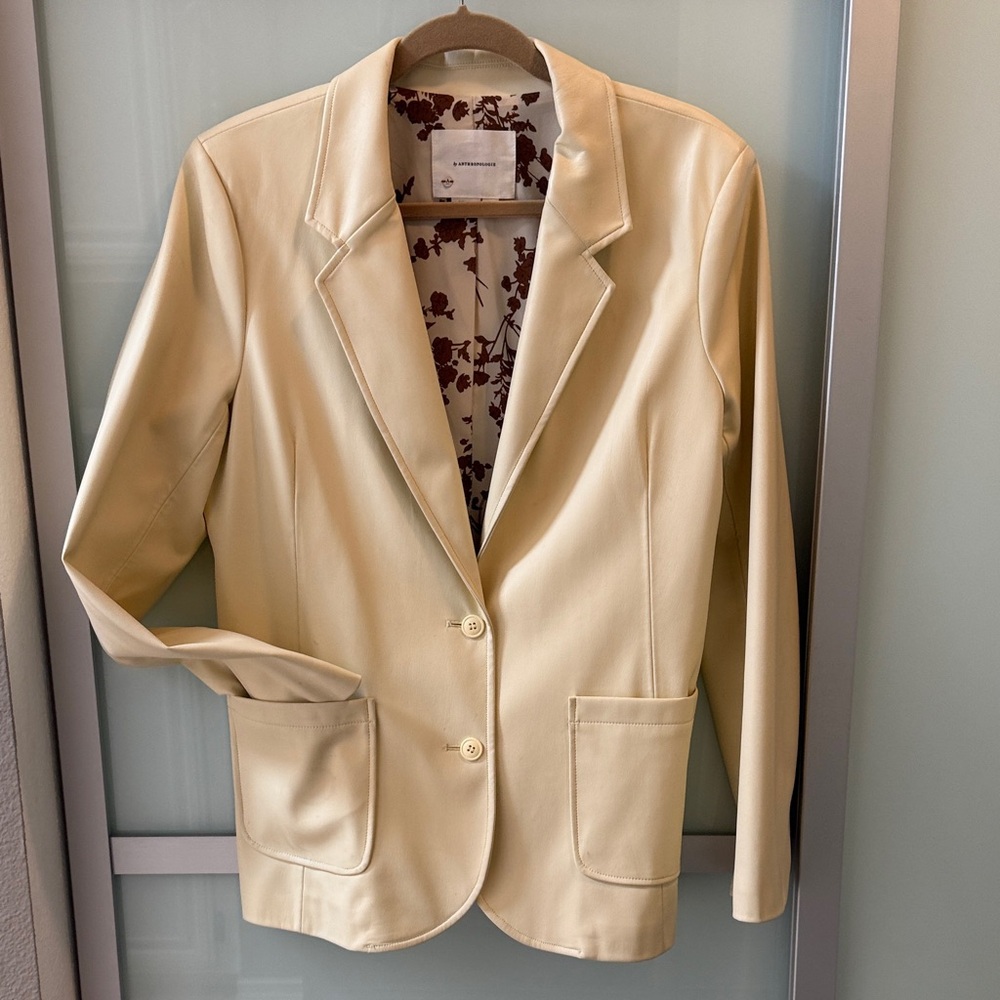 Anthropologie Cream Faux Leather Blazer with Floral Lining